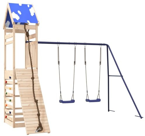 vidaXL Spielturm, Klettergerüst mit Kletterwand Seil Schaukeln, Kinder Kletterturm Spiel-Zubehör für Garten, Holz Spielplatz Spielhaus, Massivholz Kiefer