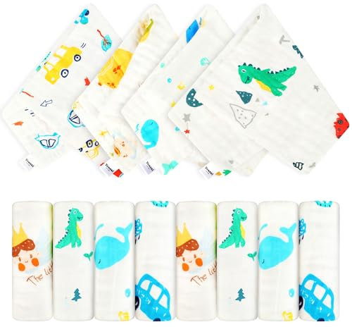 Yoassi Musselintücher für Babys, 8 Stück Spucktücher aus Baumwolle 50cm x 25cm, Windeltücher Mulltücher für Neugeborene, saugfähig, atmungsaktiv, weich Baby-Musselinquadrate für Mädchen& Jungen