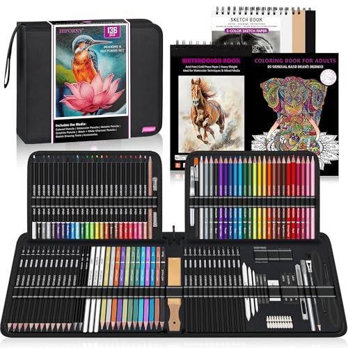 HIFORNY Juego de 136 Piezas de Dibujo y Boceto,Suministros de Arte Profesional con Lápices de Grafito,Carbón,Colores,Acuarela,Metálicos, y Herramientas de Dibujo(Negro)