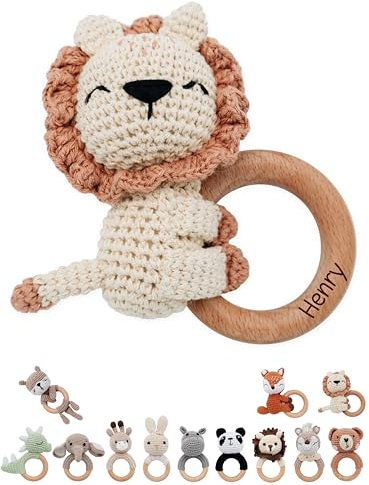 wunderwunsch® - Personalisierter Beißring Baby - Niedlicher Greifling für Baby's ab 0 Monate - Babyrassel mit Name als Baby Geschenk für Mädchen und Jungen (Löwe liegend,mit Name)
