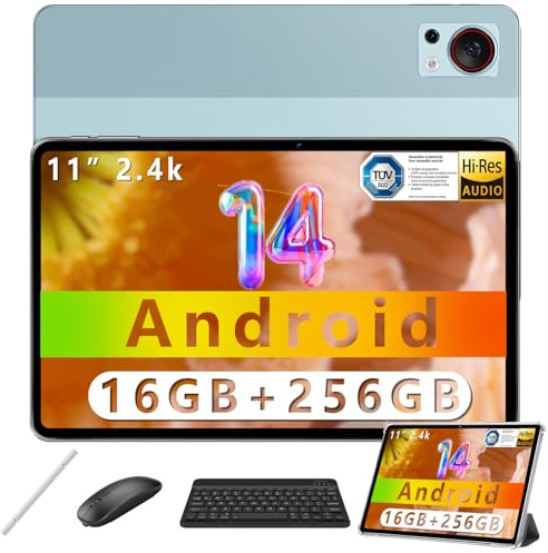 T30S Tablet 11'' Android 14 Tablet, 2.4K, 16(6+10) GB RAM 256GB ROM (1TB TF), 8580mAh, 13MP+8MP Android Tablets, Smart PA, 2.4G/5G WiFi, With keyboard, Mouse, stylus, Leather Case, Blue
