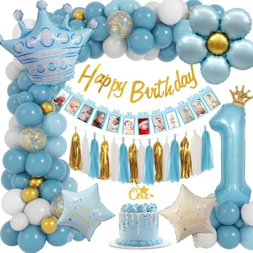 TOLOYE 1. Geburtstag Junge Deko, Blau Geburtstagsdeko 1 Jahr Junge mit Happy Birthday Banner, Luftballon 1, Monat Foto Banner, Tassel, ONE Cake Topper, Party Deko für Erster Geburtstag Junge