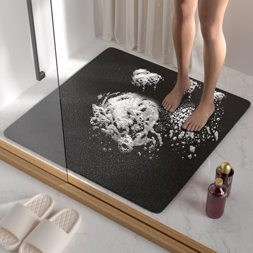 HITSLAM Tapis de Douche Antiderapant, 68x68cm Tapis de Baignoire Antidérapant avec Drain, Doux PVC Luffa Tapis de Bain pour Salle de Bain, Séchage Rapide, Noir
