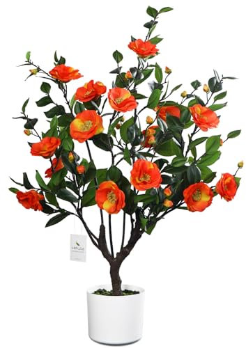Leflos 90 cm Arbre à Fleurs de Camélia Orange réaliste, Arbre à Fleurs Artificiel, Plante Florale en Pot Blanc pour la décoration intérieure de la Maison