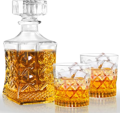 LAWADACH Whiskey Decanter Set with 2 Glasses, Glass Liquor Decanter 28oz | Airtight Whiskey Bottle with Two Glasses for Bourbon, Vodka & Tequila, liquor decanter for Whiskey Lovers, Gift for Dad & Men
