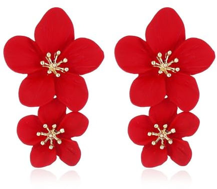 TOFBS Ohrringe Damen Ohrringe Mode Doppelschichtige Tropfen Ohrringe Hypoallergen Ohrringe Blumen Schmuck Accessoires für den Alltag(Rot)