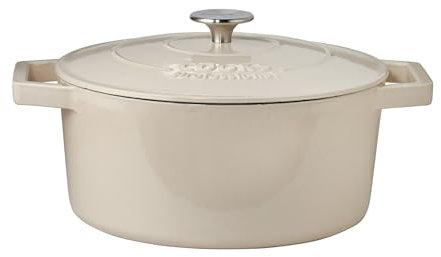 Cooks Professional 26cm Cast Iron Casserole Dish 5.8L with Lid & Handles | Colourful Modern Design Enamelled Cooking Pan Pot | Suitable For All Hobs Inc Induction | Oven & Grill Safe | Off White