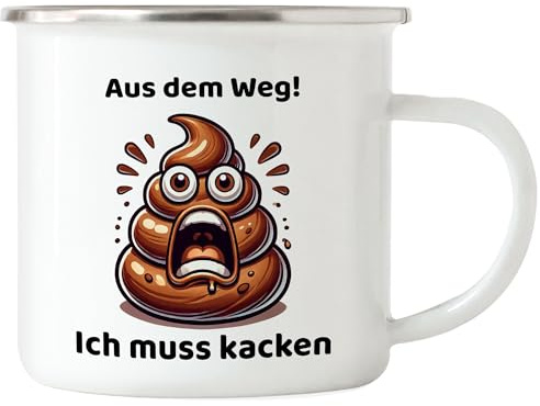 Hey!Print Aus dem Weg Ich muss kacken Lustiges Kothaufenmotiv Emaille-Tasse Geschenkidee witziges Design Reizdarm Stuhlgang