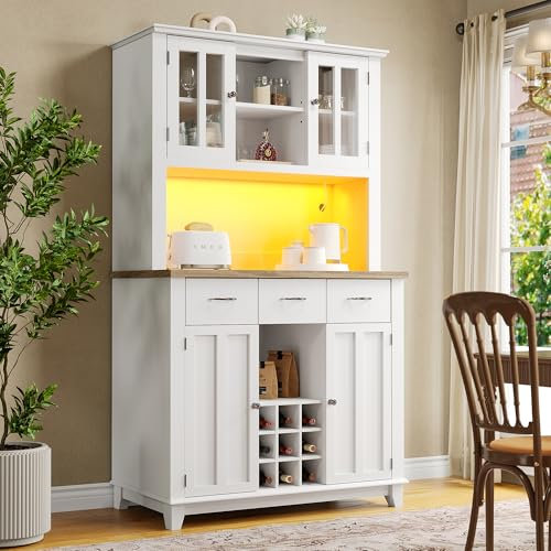 Merax Buffetschrank, Küchenschrank, Hochschrank Küchenbuffet, Vitrinenschrank mit Verstellbaren Ablagen, Sideboard mit LED-Beleuchtung (Weiße Schublade)