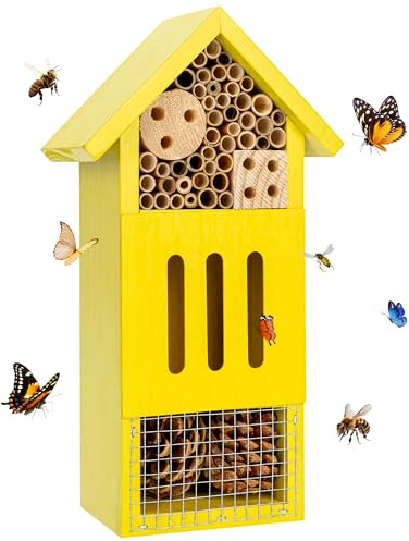 Bee House Bug Hotel & Butterfly House, Handcrafted Wooden Ladybug House, Natural Insect Habitat for Garden, Patio, or Yard, Durable Pine Wood, Attracts Pollinators, 10.4 x 5.5 x 3.2 Inches