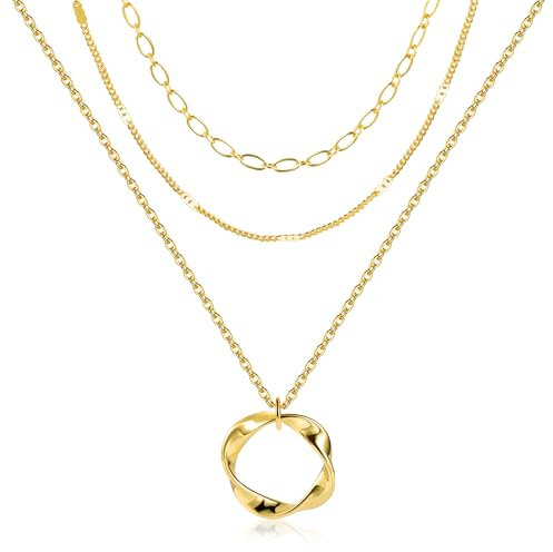 Gold Layered Halskette Damen, Silberkette mit Runde Anhänger Mehrschichtige Halskette Triple Ketten Lange Halskette Personalisierte Layered Kette Halskette Set Modeschmuck für Frauen und Mädchen