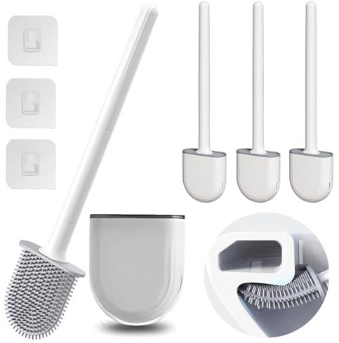 [Pack of 3] mercham Toilet Brushes & Holders, Deep Cleaner Rubber Toilet Brush White, Wall Mounted Toilet Brush with Long Handle, Quick Drying Toilet Cleaner Brush for Bathroom (White)