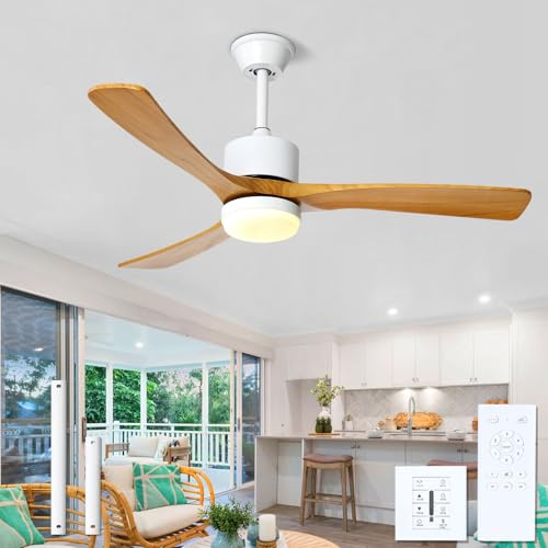 WYIXHOOG Moderno ventilador de techo inteligente con luces de control remoto e interruptor de pared, palas de madera maciza, ventiladores de techo de 6 velocidades para sala de estar y dormitorio