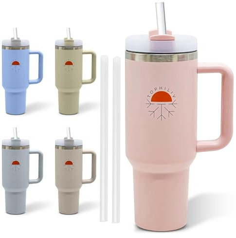 Tophiliv Thermobecher Trinkbecher mit 2 Strohhalmen 1.2L Edelstahl BPA-frei -Doppelwandig Isoliert -Spülmaschinenfest – Hält Getränke bis zu 12 Stunden Heiß & Kalt – Auto -To Go (Sakura - Rosa)