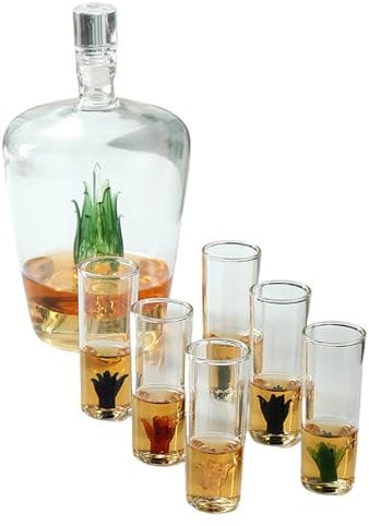 QVK Tequila Glasses & Decanter Set - Liquor Decanter Set for Men with Handblown Agave Design, Decanter and 6 Agave Tequila Shot Glasses, Tequila Gifts