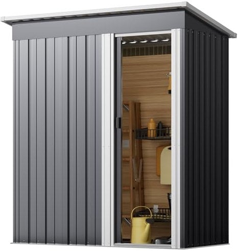 XEMQENER 5x2.5 FT Metal Garden Storage Shed, Outdoor Garden Shed with Sliding Door and Roof, Waterproof Galvanized Steel Tool Storage Shed for Gardening Tools, Garden Equipment, 153x77x182cm, Black