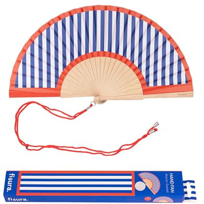 FISURA – Handfächer aus Holz mit gestreiftem Design in Blau und Rot. Trendiges, modernes Accessoire, tragbarer Handventilator mit praktischem Aufhänger. Perfekt für heiße Tage. Maße: 42,5 x 23 cm
