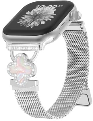 Milanese Magnetic Strap for Apple Watch Straps SE/2 40mm 44mm 42mm 38mm 41mm 46mm 45mm Women,Thin Bling Clover Bracelet Metal Replacement Bands for iWatch Seriers 10 9 8 7 6 5 4 3 Ultra Strap 49mm