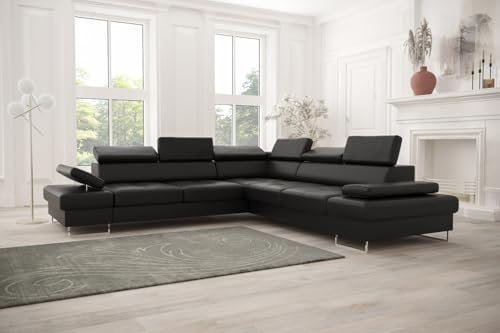Friderik Ecksofa Galaxy MAX mit Schlaffunktion & Bettkasten – Kunstleder MADRIT, verstellbare Kopfstützen & Armlehne (Schwarz, Rechts)