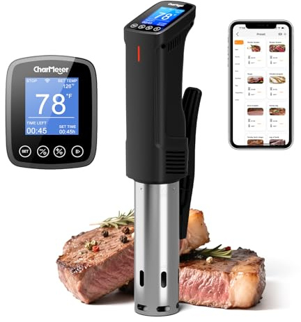 2.4 g Wifi Sous Vide Cooker CharMeter Sous Vide Machine CSV-100-W, 1000 Watt Sous-Vide Cooker App Control with 14 Preset Recipes, Calibration Function, Quick Heating with
