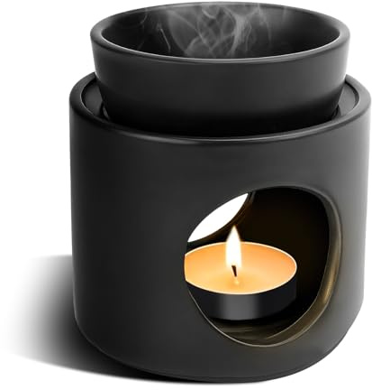 Duftlampe für Ätherische Öle,Duftwachs Keramik Räucherstövchen | Aromalampe mit Teelichthalter,Abnehmbare Schale,als Raumduft Diffuser,Schwarz