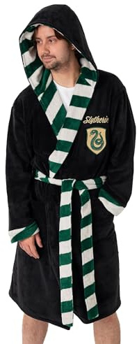Harry Potter Slytherin Unisex Black Hooded Bathrobe | Cosy Fleece Loungewear for Home & Lounging | Long Sleeve Tie Closure | Movie Merchandise Merch