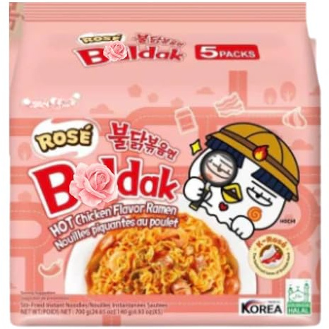 Korean Ramen 5 Pack Stir-Fried Noodles | Halal Certified Instant Ramen | Quick Snack Meal for Home, Camping, Students & Ramen Challenge Nights (Rose Hot Chicken)