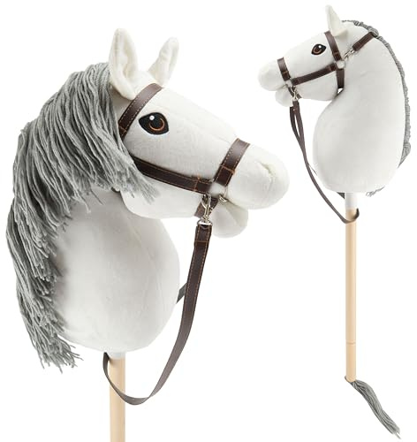 Bieco Hobby Horse Steckenpferd Schimmel - Größe M, mit Trense | Abnehmbarer Stock & Schweif, für Springreiten, Dressur & Spielen | Hobby Horse Pferde