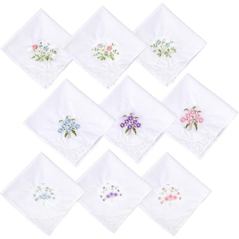ZEMINRI 9 PCS Ladies Handkerchiefs Vintage Floral Embroidered Handkerchiefs