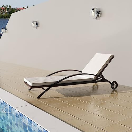 Massbinet Sonnenliege mit Polster & Rollen Klappbar Wetterfest Gartenliege Liegestuhl Verstellbare Rücken- Fußlehne Garten Poly Rattan Braun