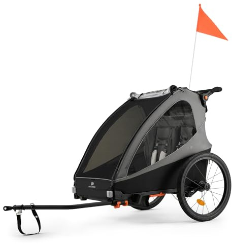 Kinderkraft NAVA WALK 2 in 1 rimorchio bici e passeggino per 2 bambini, ruote gonfiabili, sospensioni regolabili, maniglione 9 posizioni, freno STOP, protezione UV, Grigio