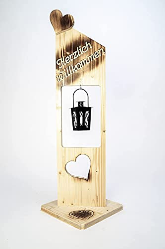 Der Einschneider Willkommensschild Haustür mit Teelichthalter - Geflammtes Herzlich Willkommen Schild - Türschild Holz Deko, Gartendeko, Türdeko - Lackiert & Wetterfest - 25 x 20 x 79 cm