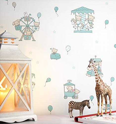 NEWROOM Kindertapete türkis Tiere Kirmes Kinder Papiertapete weiß Papier Kindertapete Kinderzimmer Babytapete Babyzimmer