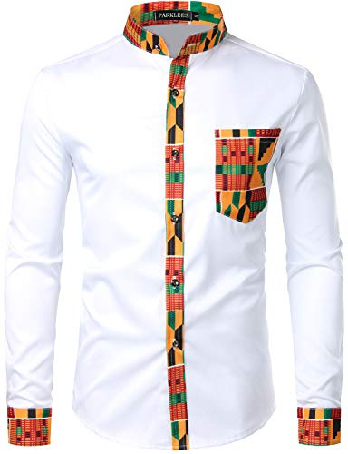 PARKLEES Herren African Tribal Grafik Patchwork Design Slim Fit Langarm Freizeithemd Party Shirt für Männer