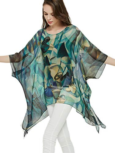 Prettystern Femme Tunique D'été Blouse Plage en Soie Mousseline Poncho Taille Unie Art Abstrait Bleu