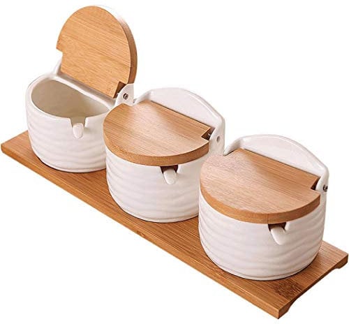Kitchen Spice Jar, Ceramic Bowl with Bamboo Lids and Sugar Spoons Porcelain Condiment Container, Salt Seasoning Rack Spice Pots Seasoning Box for Home (Suit C)