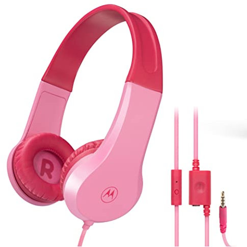 Motorola Sound JR200 - Cuffie per Bambini con Cavo, limitazione del Volume 85 Db con Splitter Audio, Senza BPA, a Partire dai 3 Anni, Rosa