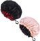 Fuyamp 2 Packs Satin Sleep Cap Shower Cap,Adjustable Silky Sleep Bonnet for Women Long Curly Hair, Double-Sided Waterproof Satin Bath Cap Hair Cap for Women Sleeping Bathing (Pink+Black)