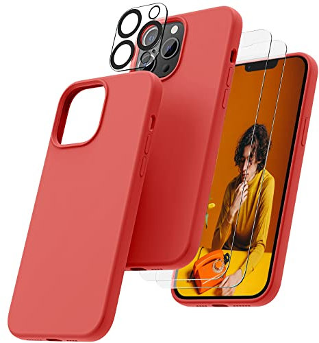 OIIAEE [5-in-1 Designed for iPhone 13 Pro Max Case 6.7 , with 2 x Screen Protector & 2 x Camera Protector, Liquid Silicone Gel Rubber Slim Shockproof Cover with Microfiber Lining, Kumquat Orange
