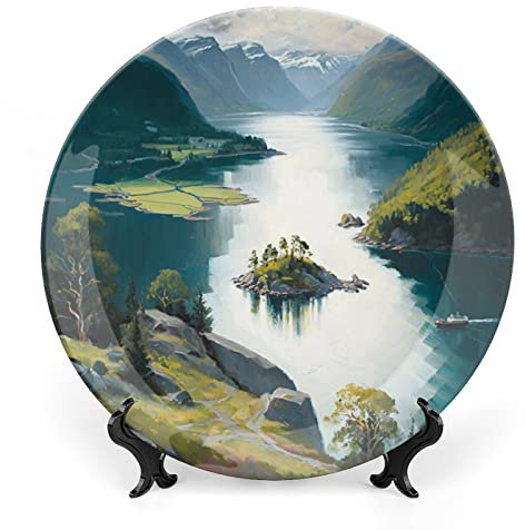 Piatti decorativi, Fiordi Montagna Lago & Nave Art Pittura Display Piatto per Casa Ufficio Cucina Tavolo Decor Piatti di Porcellana 25 CM, Regali di Compleanno