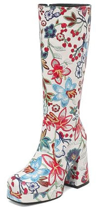 WeFloHsL Donna Stivali Alti al Ginocchio con Tacco Largo Fiori Plateau Stivali da Equitazione Punta Quadrata,Bianca,38 EU