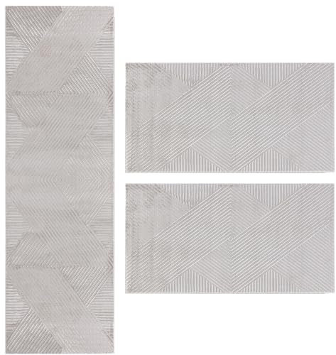 Carpetsale24 Bettumrandung Schlafzimmer 3teilig Kurzflor Teppich Silber Bettvorleger Schlafzimmer Bettset: 2 St. 80x150 cm | 1 St. 80x250 cm - Skandinavischer Teppich Läufer Set Boho-Stil Einfarbig