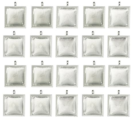 BIKHYY 20 Pieces Square Silver Pendant Trays with 20 Pieces Transparent Glass Cabochons 25mm/1inch for Photo Pendant Jewelry Making, Total 40 Pieces