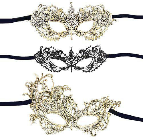BEIBXHQQ 3 Lace Masks - Masquerade & Carnival Styles, Gold & Hollow Designs