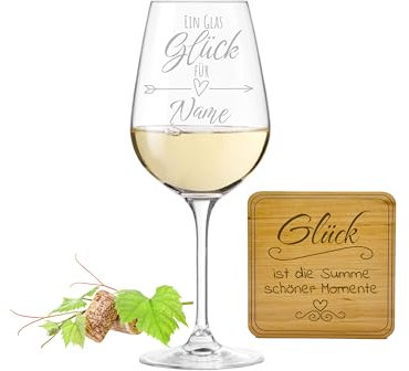 SET Weinglas mit Gravur ein Glas Glück personalisiert mit Untersetzer Holz nach Wunsch personalisierte Geschenke Frauen Männer Geburtstag Weihnachten Muttertag Vatertag Freundschaft