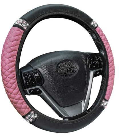 Huiguli Couvre Volant Voiture, 37-38.1CM Bling Housse Volant Voiture en Cuir Microfibre, Universelle Protège-Volant pour Auto Volant Ronde en D, Respirant et Antidérapant, Rose