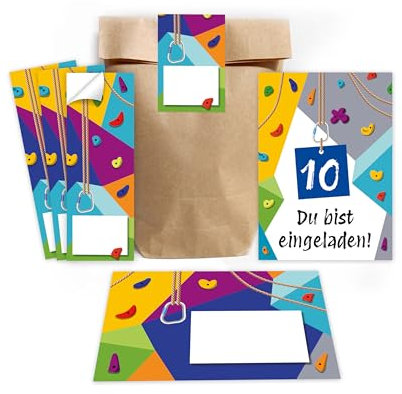 Minkocards 12 Einladungskarten zum 10. Kindergeburtstag Klettern Bouldern Mädchen Jungen Einladungen zehnte Geburtstag incl. 12 Umschläge, 12 Partytüten/natur, 12 Aufkleber