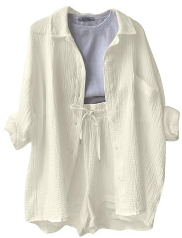 Musselin Set Damen Bluse Shorts Streetwear Boho Sommer Outfits Zweiteiler Kleidung Tennis Outfit Sassyclassy Kurzarm (B White, XL)