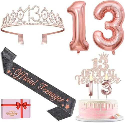 13th Birthday Decorations, Including 13th Birthday Sash and Tiara, Official Teenager Cake Topper, Numeral Candles, Number Balloons, Gifts for 13 Year Old Girls