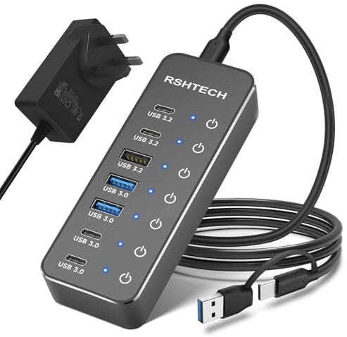 RSHTECH Powered USB Hub, 7-Port USB-C Hub Splitter with 3x 10Gbps USB 3.2 Data Port (2C+1A), 4x 5Gbps USB 3.0 Ports (2C+2A), Aluminum USBC Multiport Adapter with 3.3ft USB C/A Long Cable